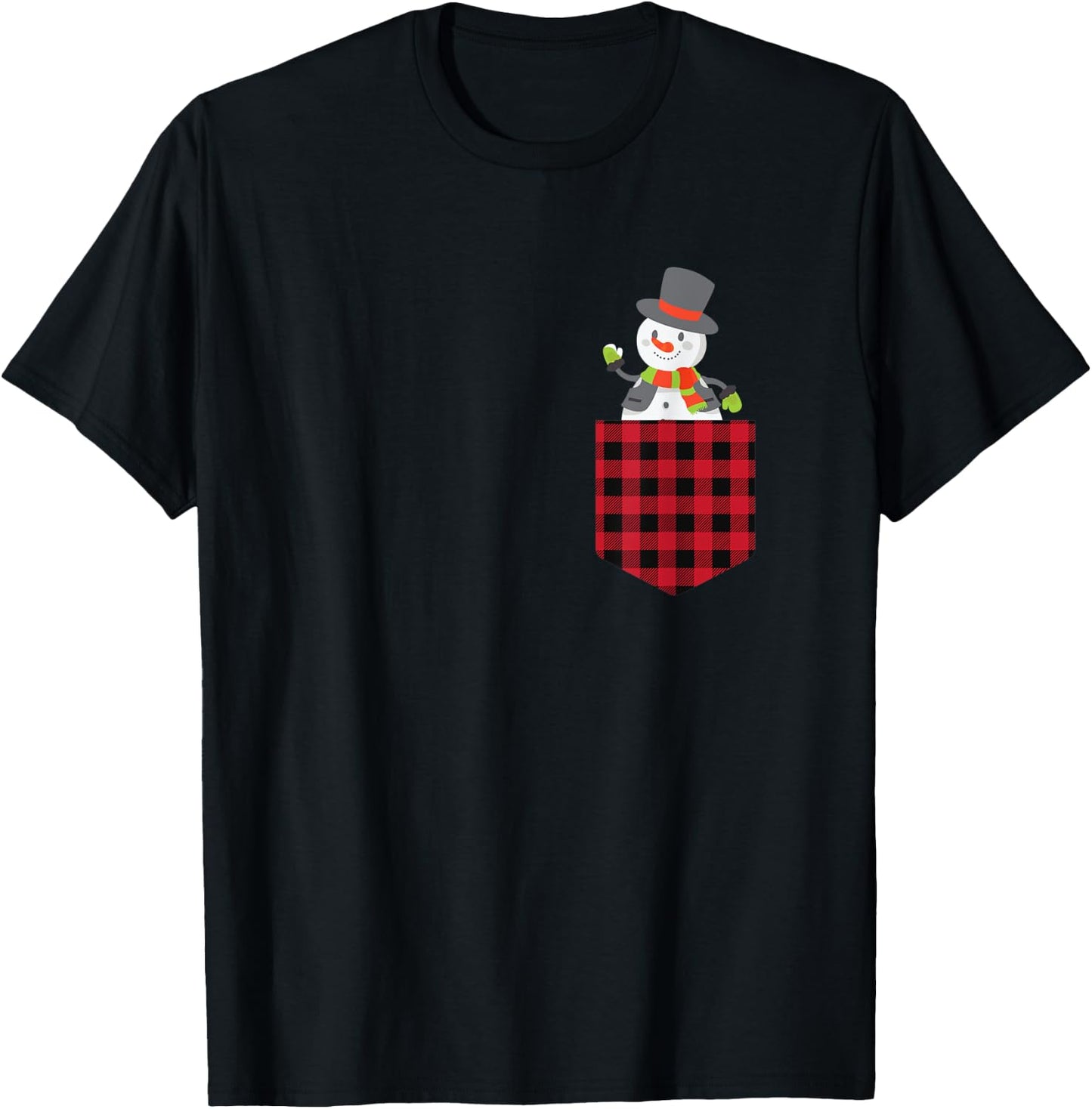 Cute Snowman Inside Buffalo Plaid Pocket Holiday Christmas T-Shirt - T-Shirt | Black