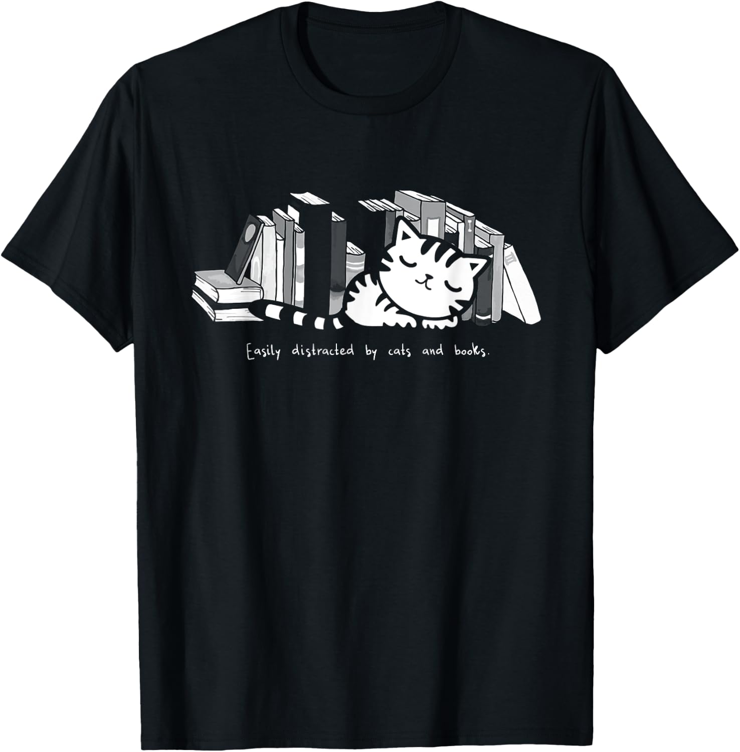 Easily Distracted by Cats And Books Cat Book Lover Women Girls Kids T-Shirt - T-Shirt | Black