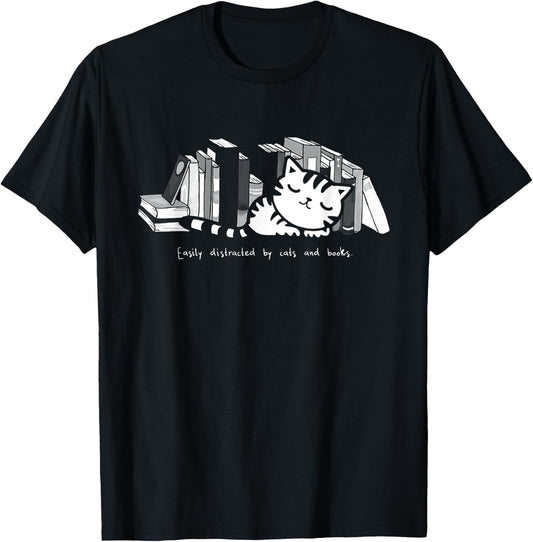 Easily Distracted by Cats And Books Cat Book Lover Women Girls Kids T-Shirt - T-Shirt | Black