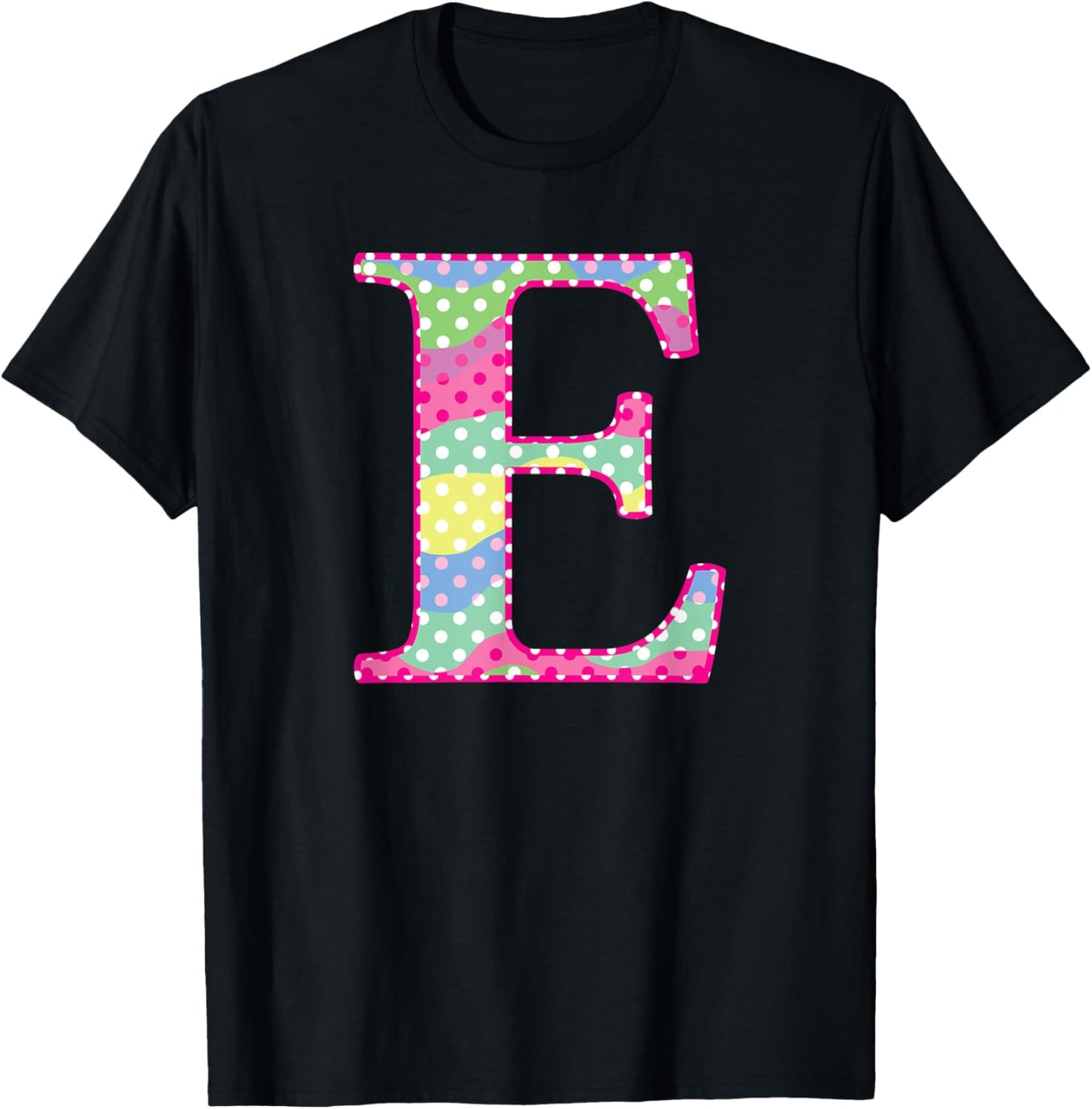 Girls Colorful Rainbow Polka Dot Monogram Initial Letter E T-Shirt - T-Shirt | Black