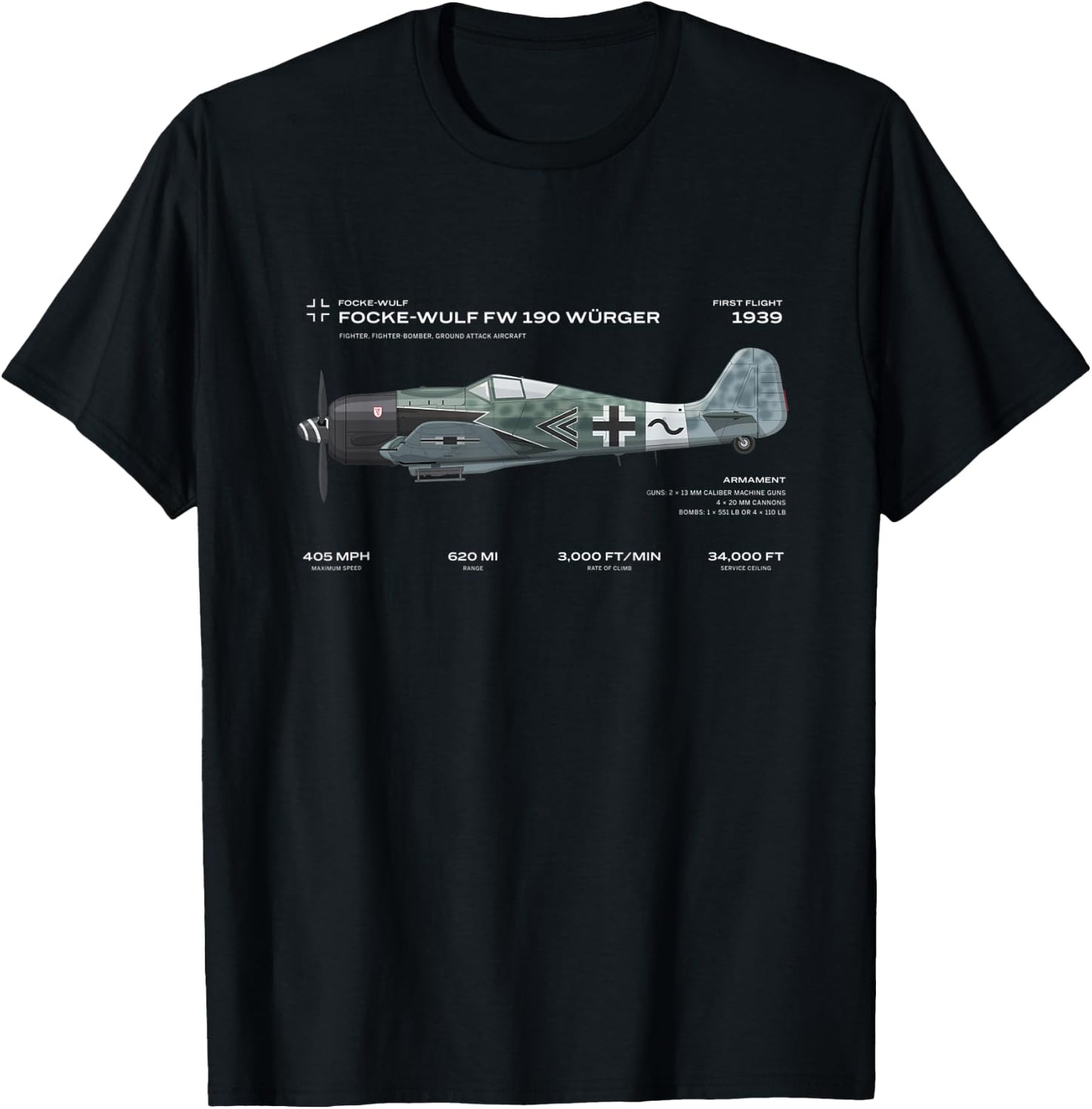 Focke Wulf Fw 190 WWII Airplane Historic War Bird Fighter T-Shirt - T-Shirt | Black