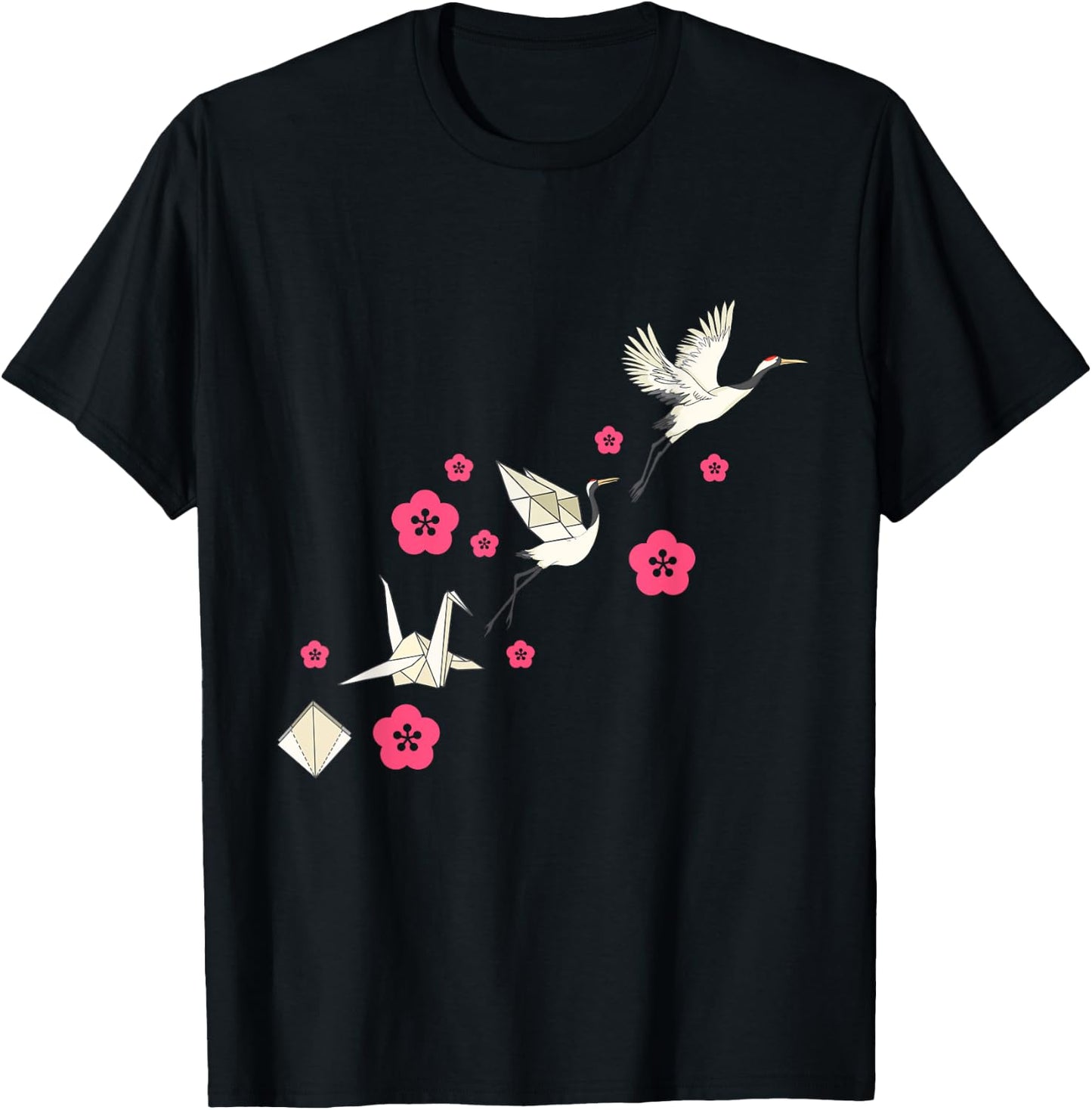 Common Crane Flowers Origami Bird Lover Nature Cute Birdie T-Shirt - T-Shirt | Black