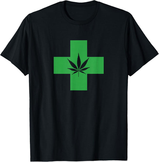 Green-Medical Marijuana Cross Symbol Cannabis Weed Medicine T-Shirt - T-Shirt | Black