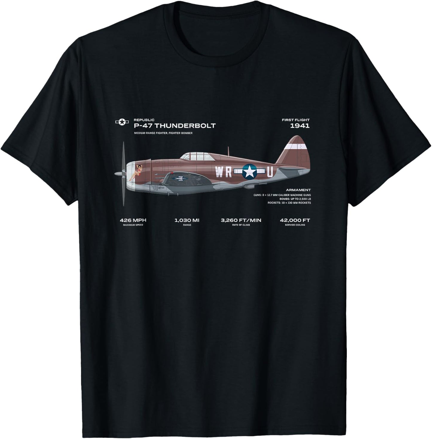 P-47 Thunderbolt US WWII Airplane Historic War Bird Fighter T-Shirt - T-Shirt | Black