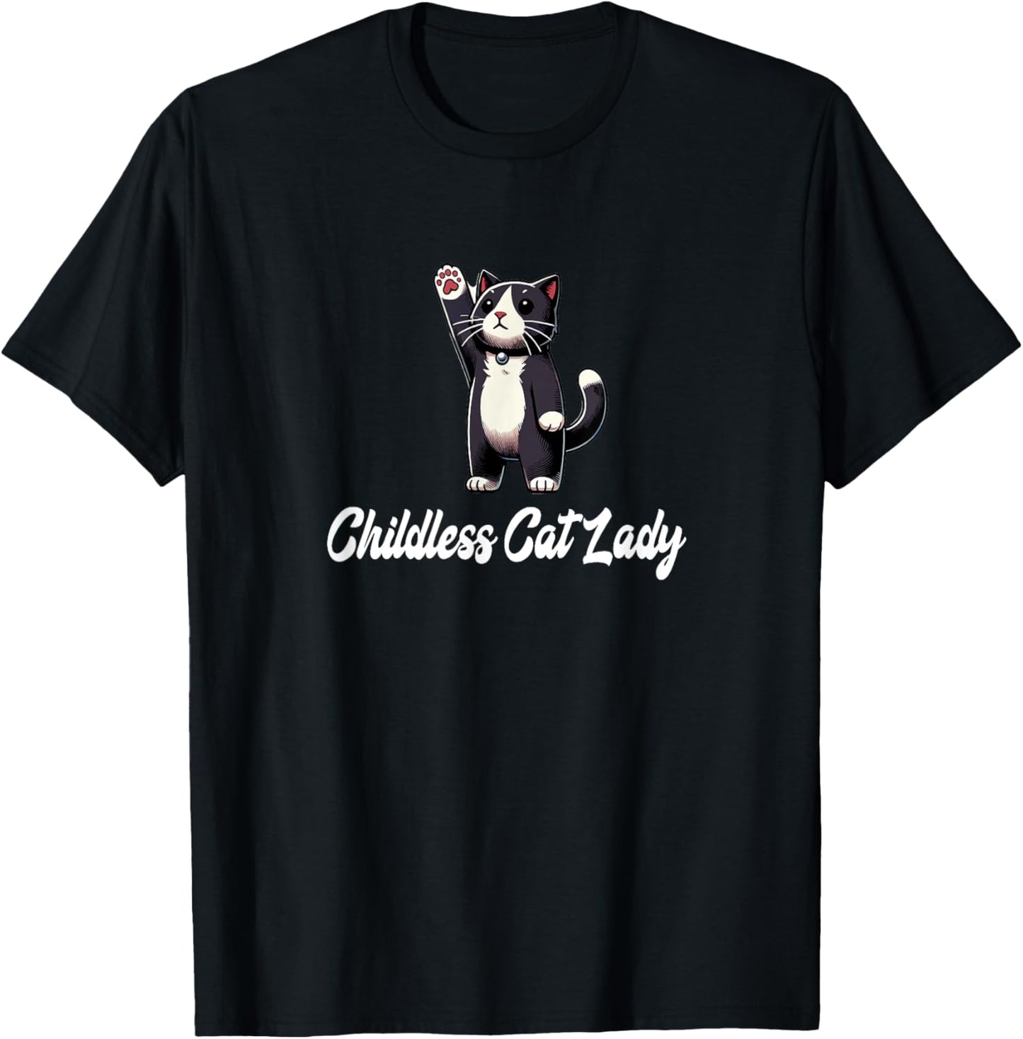 Childless Cat Lady -Tuxedo Cat Raising Paw- Funny Cute T-Shirt - T-Shirt | Black