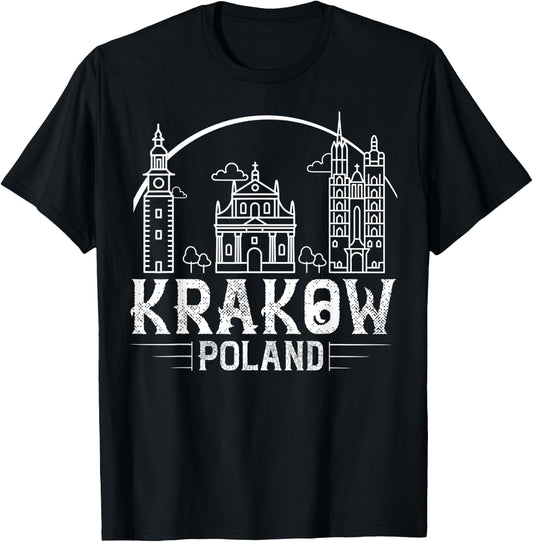 Krakow Poland City Skyline Map Travel T-Shirt - T-Shirt | Black