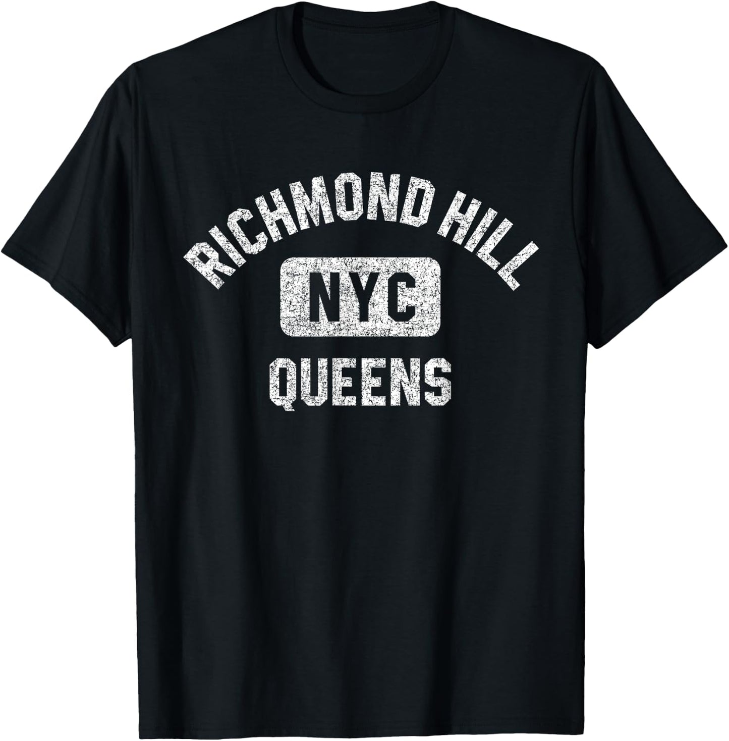 Richmond Hill Queens NYC Gym Style Distressed White Print T-Shirt - T-Shirt | Black