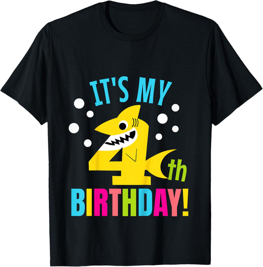 4 Year Old 4th Shark Party Birthday Baby Gift Girls And Boys T-Shirt - T-Shirt | Black