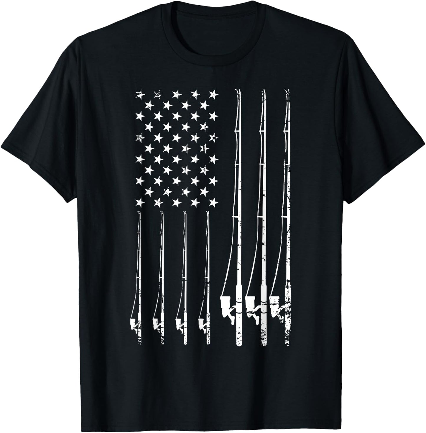 Fishing Gifts Fishing USA Black Adult Fishing Small Classic Fit Short Sleeve American Flag T-Shirt - T-Shirt | Black