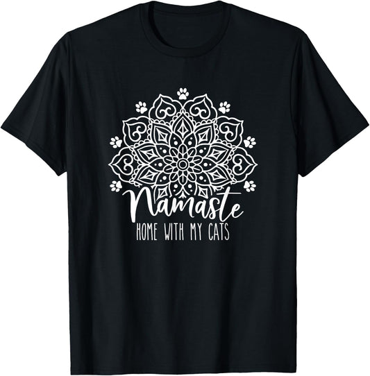 Namaste Home With My Cats Mandala, Fun Yoga Cat Lovers T-Shirt - T-Shirt | Black