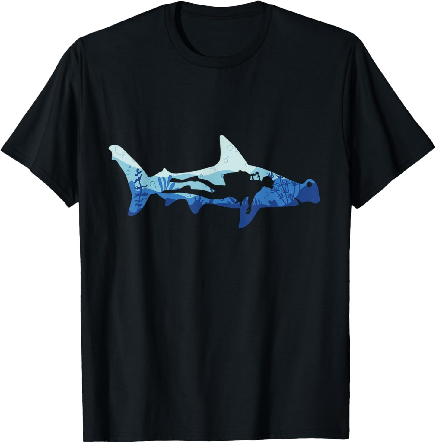 Hammerhead Shark Scuba Diver Silhouette Ocean Diving Graphic T-Shirt - T-Shirt | Black