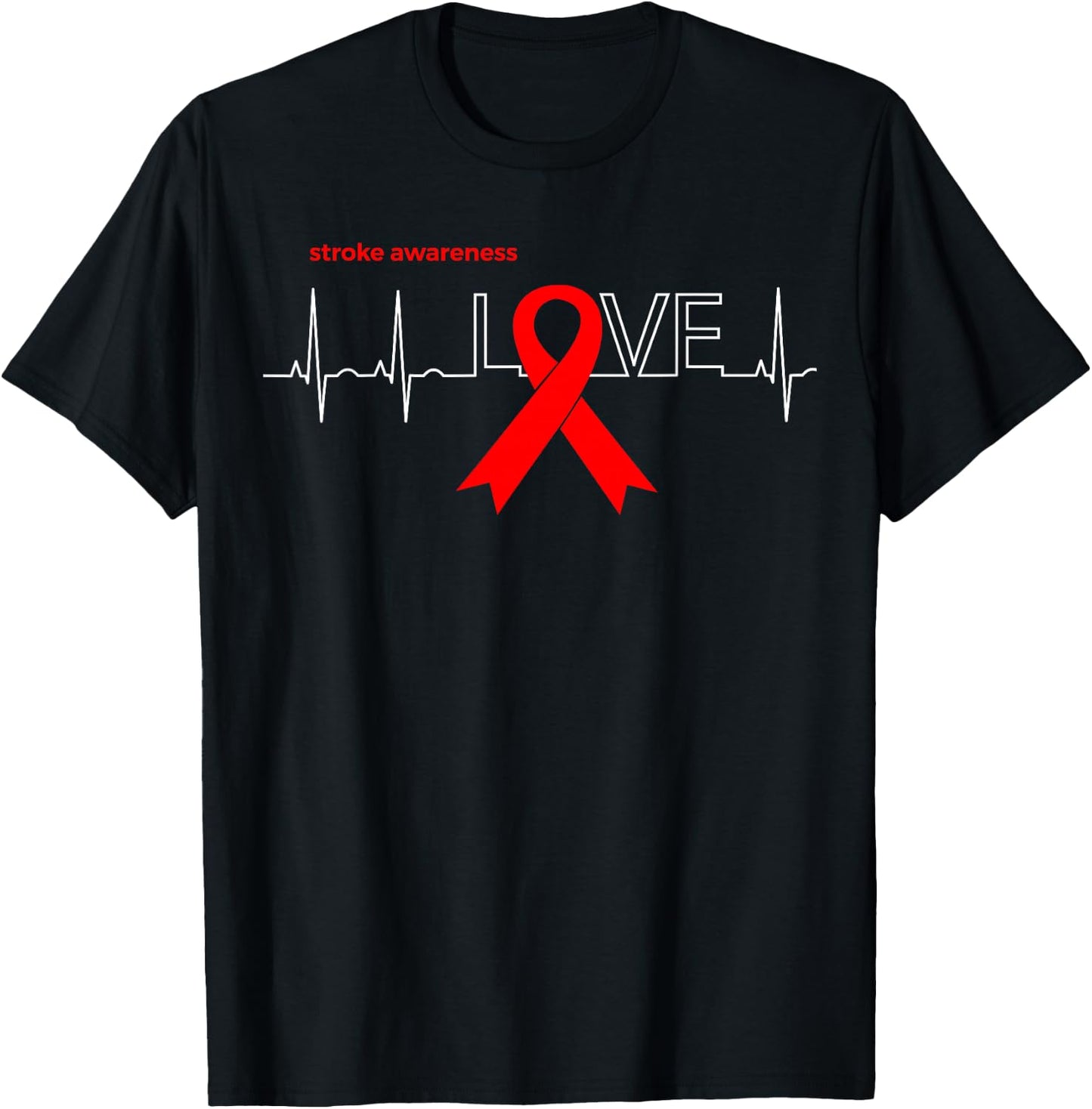 LOVE | Stroke Month Products Red Ribbon Stroke Awareness T-Shirt - T-Shirt | Black