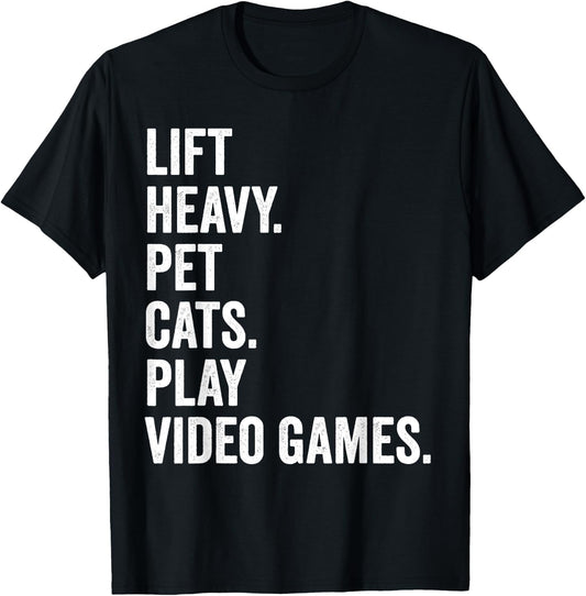 Lift Heavy Pet Cats Play Video Games Gym Workout Gamer T-Shirt - T-Shirt | Black