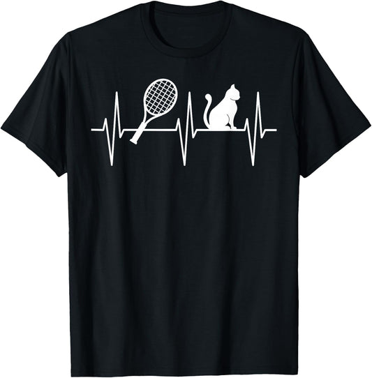 Tennis Shirt Funny Cat Lover Heartbeat Tennis Player Women Girls Kids T-Shirt - T-Shirt | Black