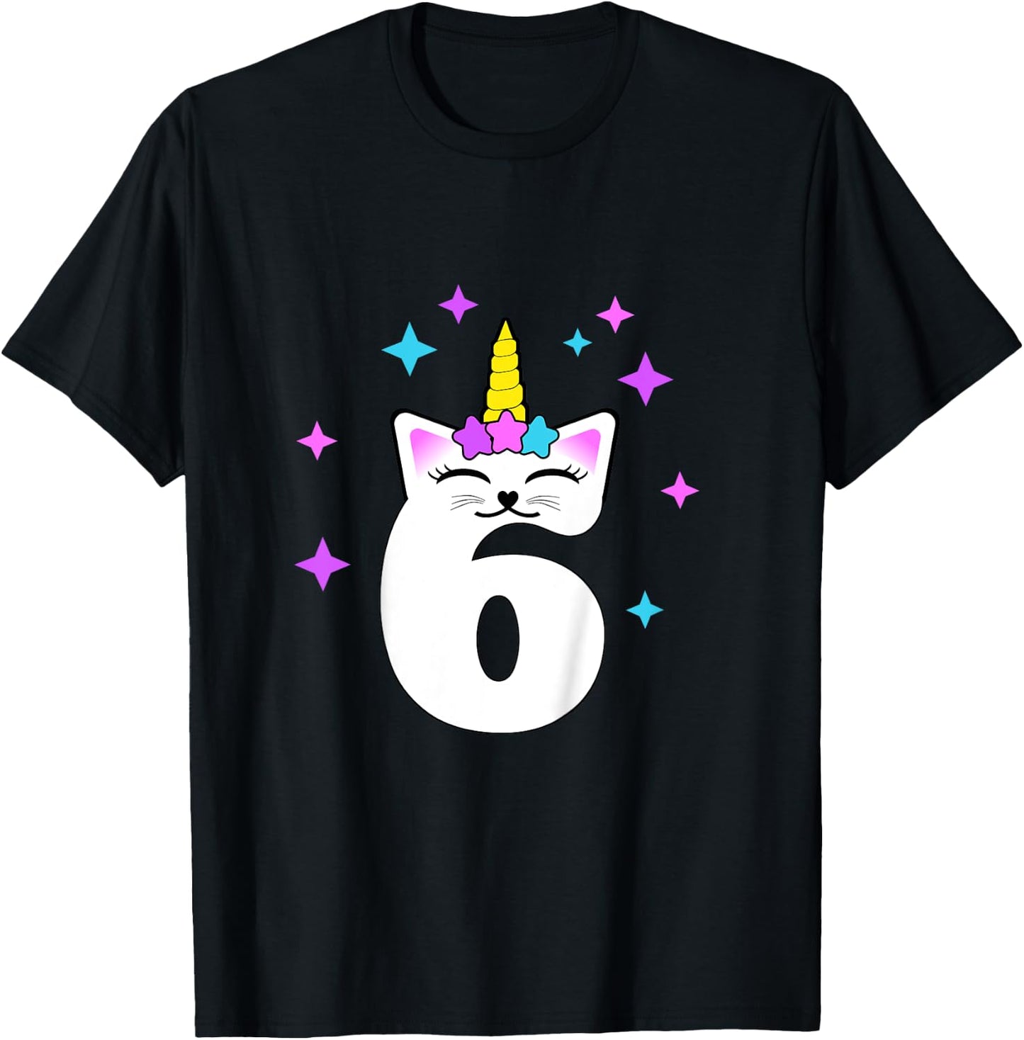 6 Year Old Cat Unicorn Caticorn 6th Birthday Party Girls T-Shirt - T-Shirt | Black