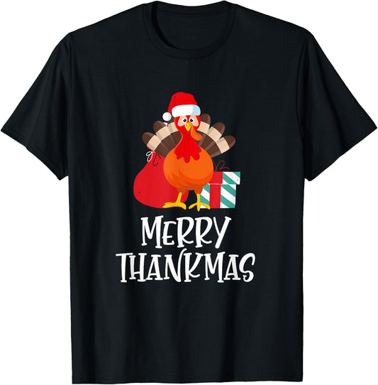 Merry Thanksmas Happy Thanksgiving Santa Turkey Gift T-Shirt - T-Shirt | Black