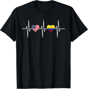 USA Colombia Shirt Heartbeat America Colombian Flag Heart T-Shirt - T-Shirt | Black