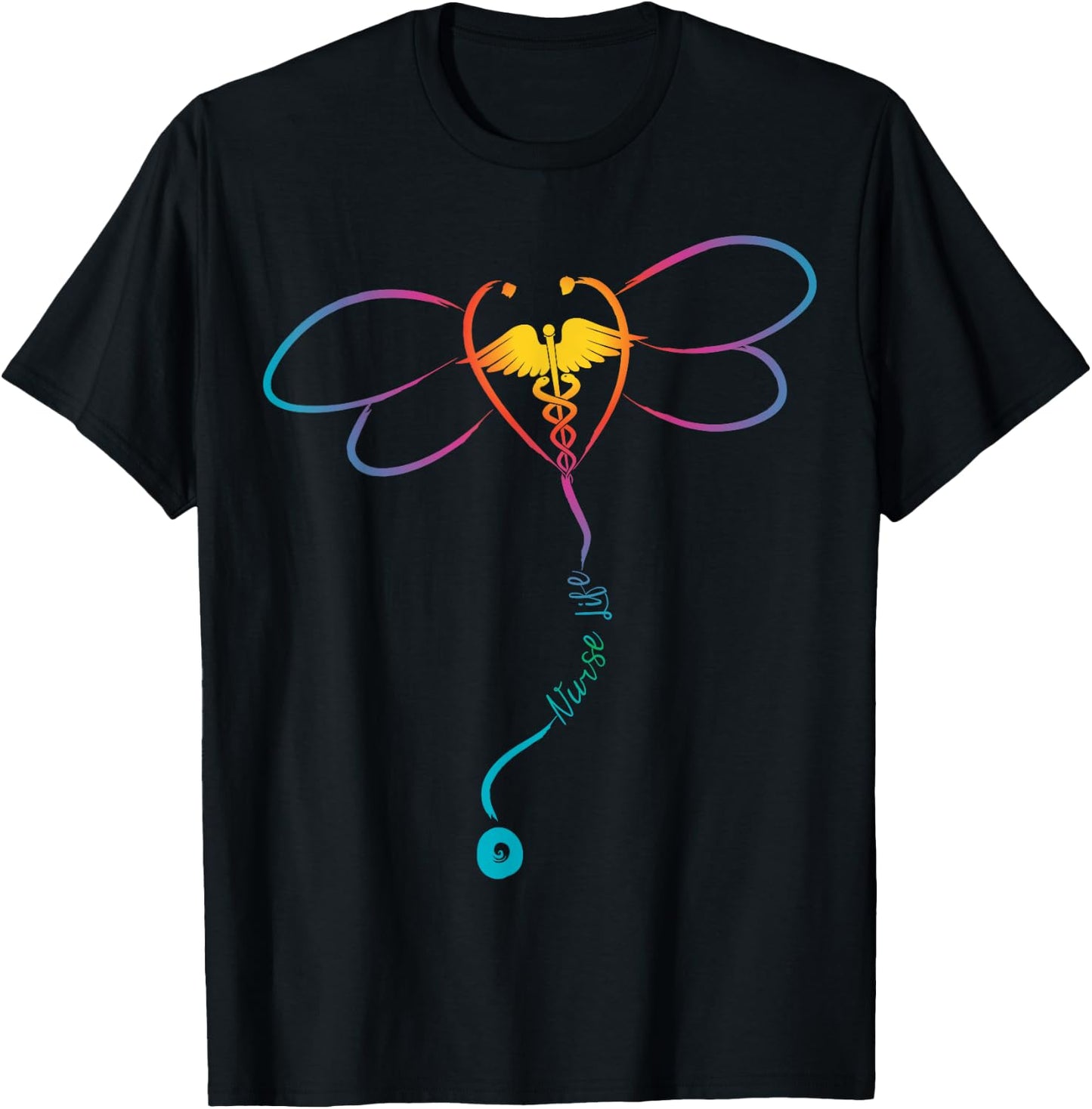 Nurse Life RN Colorful Dragonfly Stethoscope T-Shirt - T-Shirt | Black