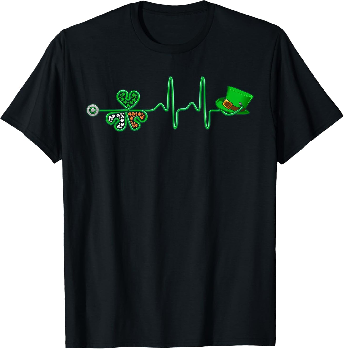 Irish Nurse Heartbeat Stethoscope Lucky St. Patricks Day T-Shirt - T-Shirt | Black