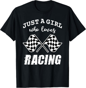 Just A Girl Who Loves Racing Race Day Checkered Flags Gift T-Shirt - T-Shirt | Black