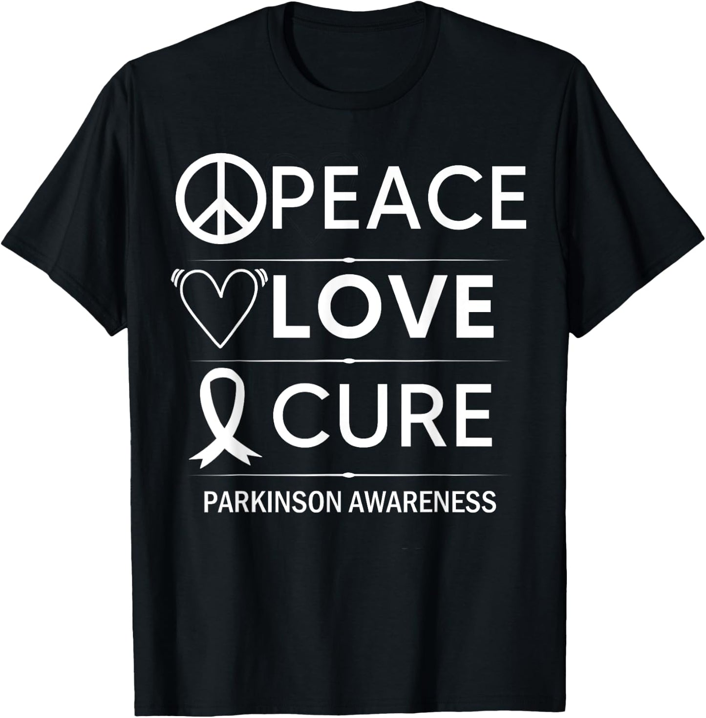 Parkinsons Disease Awareness Peace Love Cure Silver Ribbon T-Shirt - T-Shirt | Black