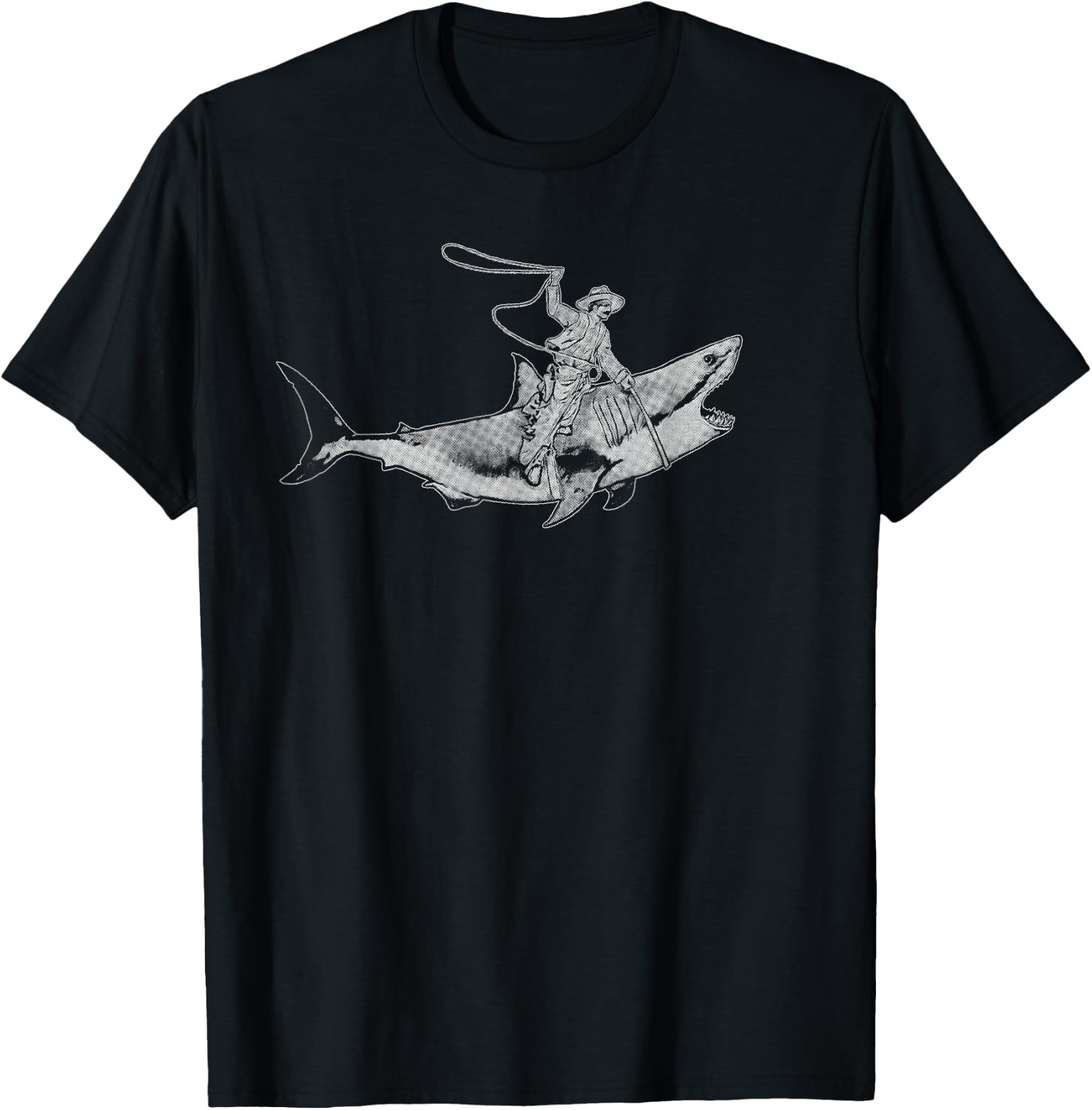 Shark Lover Rodeo Cowboy Riding Great White Vintage Funny T-Shirt - T-Shirt | Black
