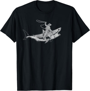 Shark Lover Rodeo Cowboy Riding Great White Vintage Funny T-Shirt - T-Shirt | Black