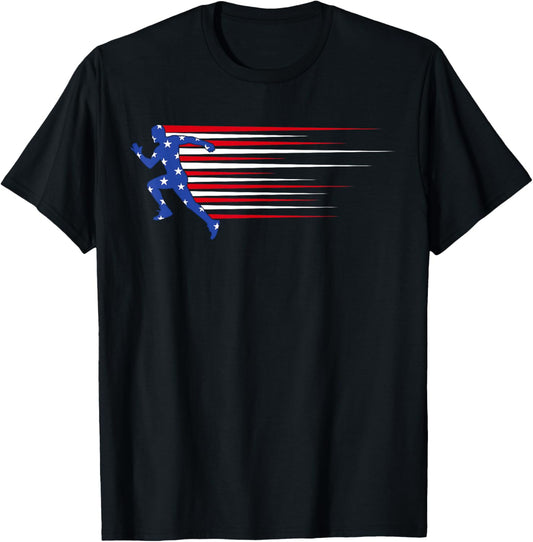 American Flag Track And Field 4th of July Running Athlete T-Shirt - T-Shirt | Black
