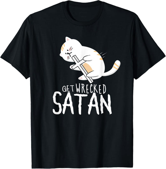 "Get Wrecked Satan" Funny Holy Warrior Demon Fighting Cat T-Shirt - T-Shirt | Black