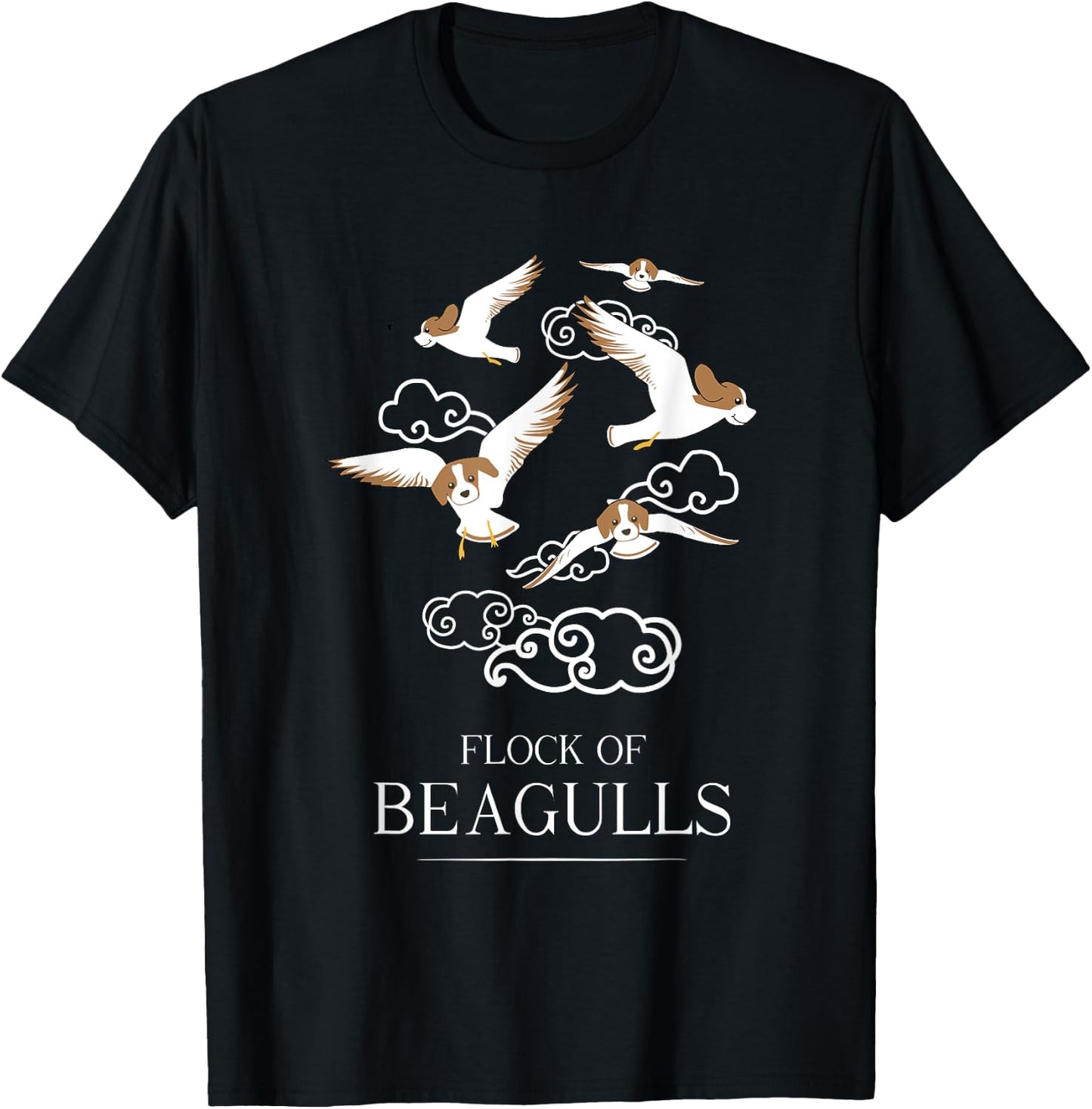 Flock Of Beagulls | Funny Cute Dog/Puppy Beagle Pet Pun T-Shirt - T-Shirt | Black
