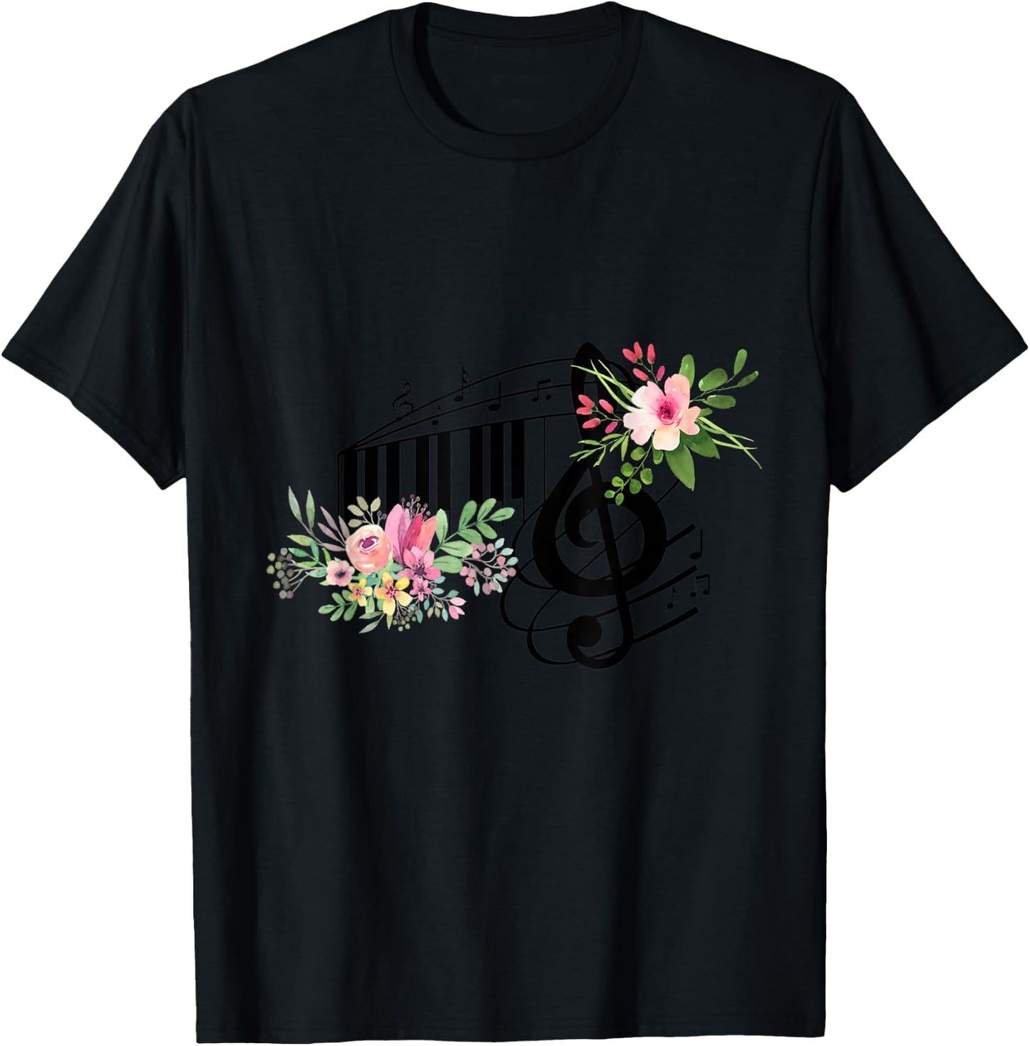 Cut Music Teacher Shirt with a Piano Keys, Notes and Flowers T-Shirt - T-Shirt | Black