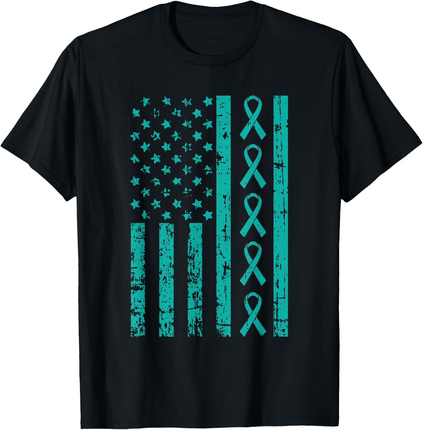 American Flag Teal Ribbon Cool Ovarian Cancer Awareness Gift T-Shirt - T-Shirt | Black