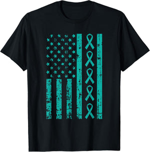 American Flag Teal Ribbon Cool Ovarian Cancer Awareness Gift T-Shirt - T-Shirt | Black
