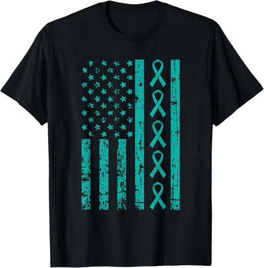 American Flag Teal Ribbon Cool Ovarian Cancer Awareness Gift T-Shirt - T-Shirt | Black