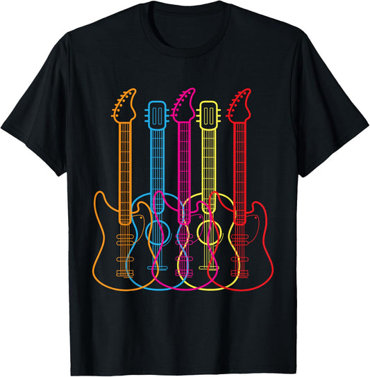 vintage Retro Colored Guitars Music Lover Funny Gift T-Shirt - T-Shirt | Black