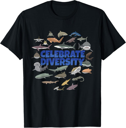Celebrate Diversity | Sharks Apparel Types of Shark Lovers T-Shirt - T-Shirt | Black
