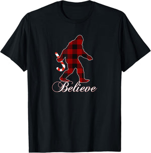 Bigfoot Buffalo Plaid Believe Candy Cane Christmas Pajamas T-Shirt - T-Shirt | Black