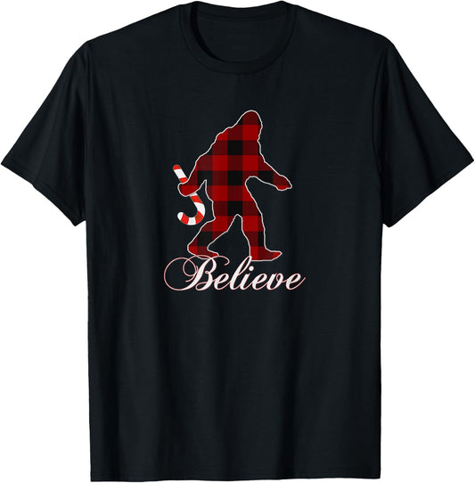 Bigfoot Buffalo Plaid Believe Candy Cane Christmas Pajamas T-Shirt - T-Shirt | Black