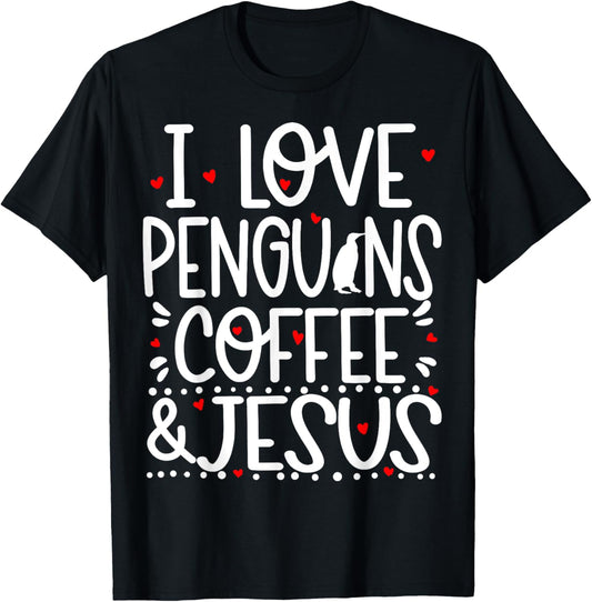Penguins Coffee And Jesus Christian Funny Cute T-Shirt - T-Shirt | Black