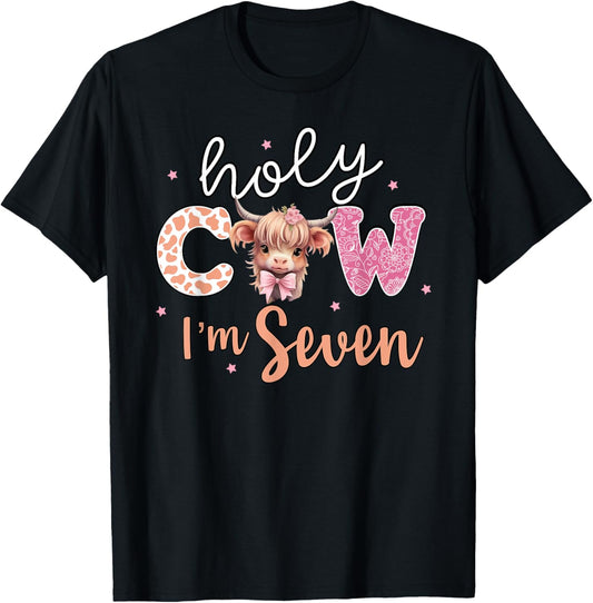 7th Birthday Shirt For Girls 7 Year Old Highland Cow Print T-Shirt - T-Shirt | Black