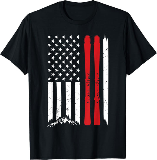 Ski American Flag Skiing US Patriotic Skier 4th Of July Gift T-Shirt - T-Shirt | Black