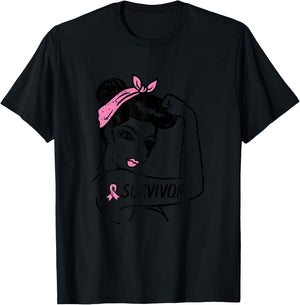 Breast Cancer Survivor Rosie Riveter Pink Awareness Women T-Shirt - T-Shirt | Black