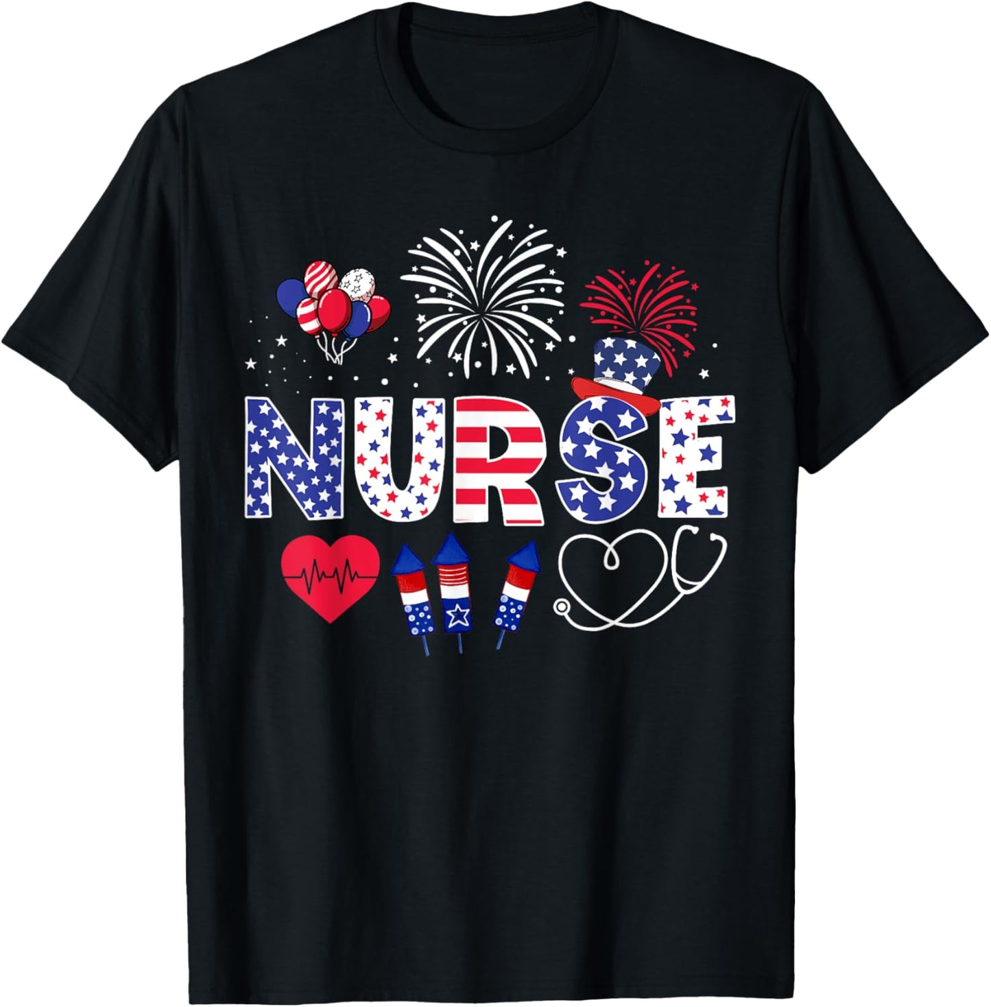 4th of July Nurse American Flag Fourth Of July Nurse T-Shirt - T-Shirt | Black