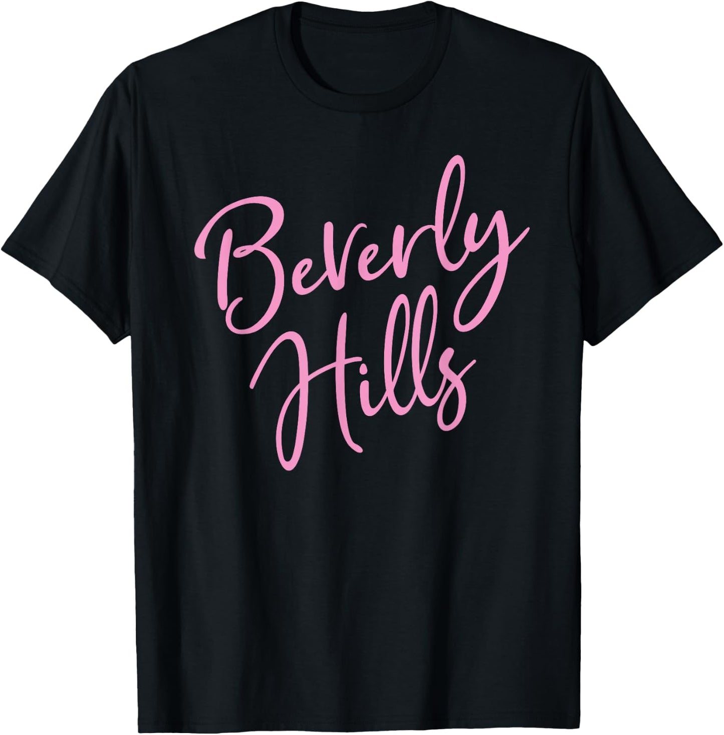 Beverly Hills Script Text Pink Print T-Shirt - T-Shirt | Black