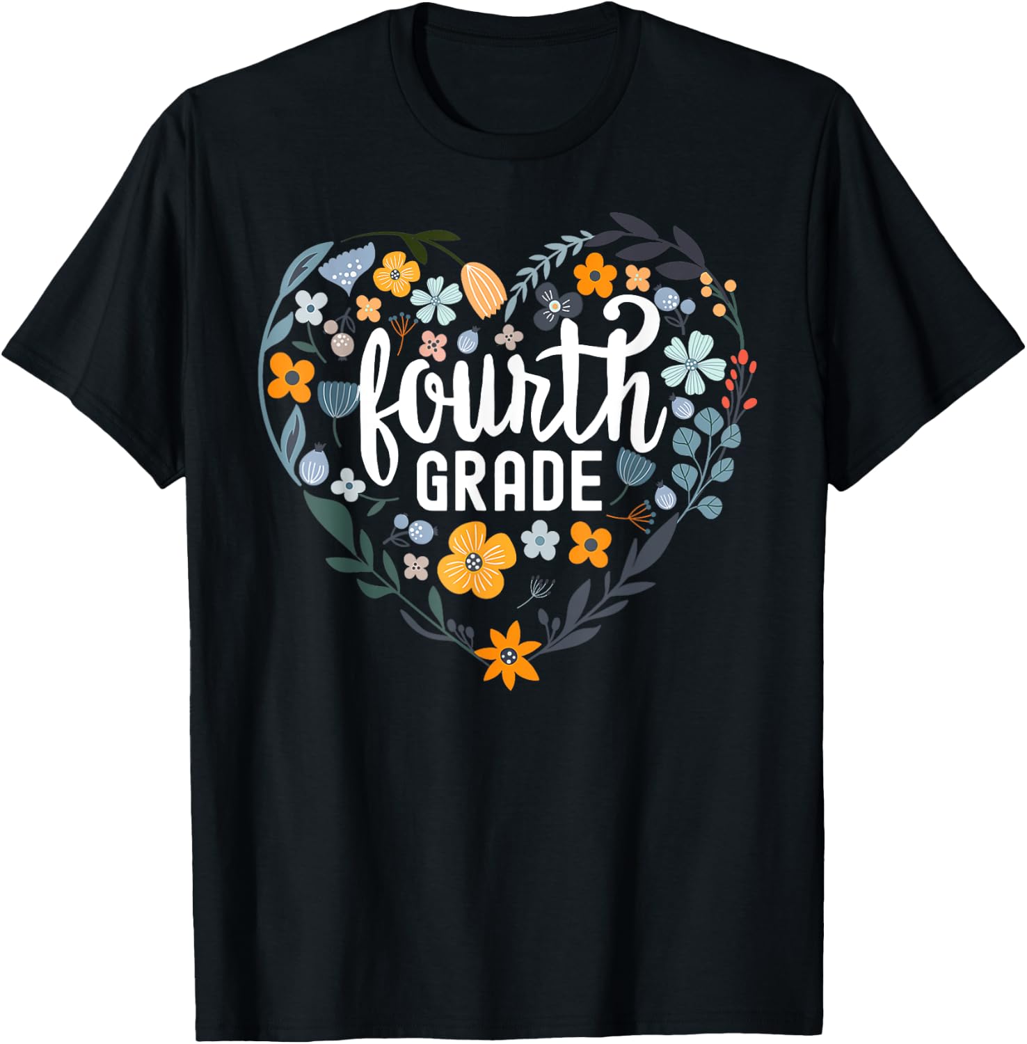 Fourth 4th Grade Floral Heart Back To School Wildflower Girl T-Shirt - T-Shirt | Black