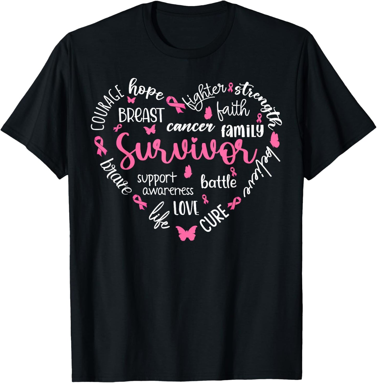 Pink Ribbon Heart Breast Cancer Awareness Survivor Warrior T-Shirt - T-Shirt | Black