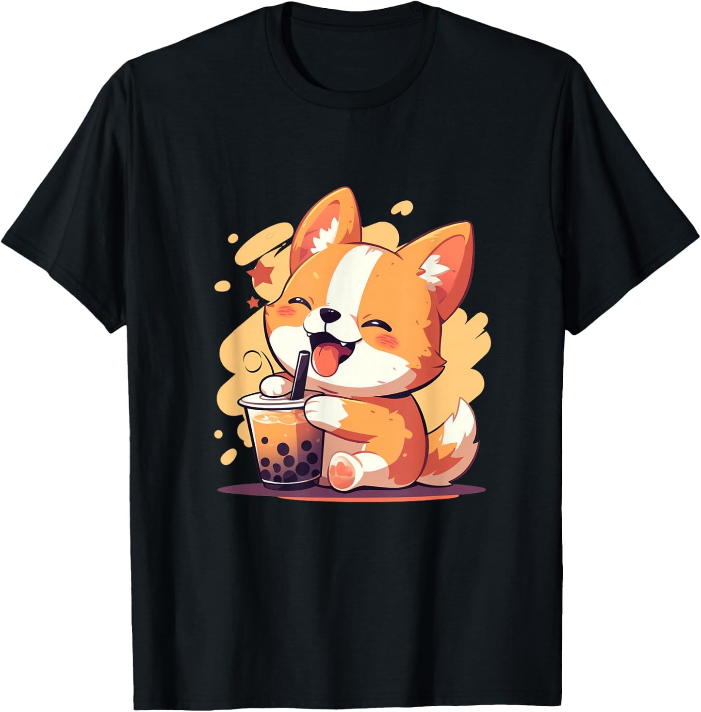 Cute Kawaii Corgi Drinking Boba Tea T-Shirt - T-Shirt | Black