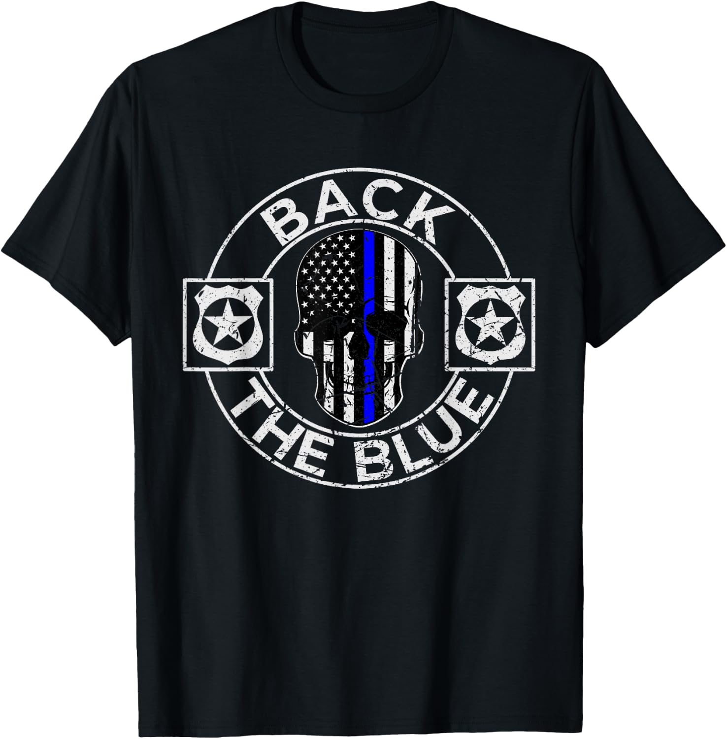 Back The Blue Thin Line Distressed American Flag Skull T-Shirt - T-Shirt | Black