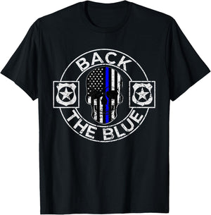 Back The Blue Thin Line Distressed American Flag Skull T-Shirt - T-Shirt | Black