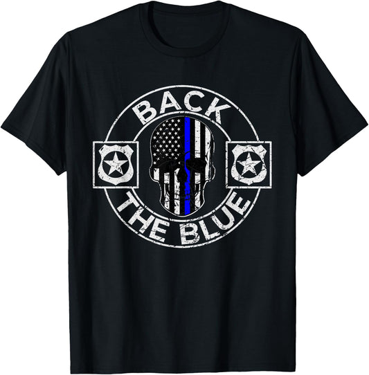 Back The Blue Thin Line Distressed American Flag Skull T-Shirt - T-Shirt | Black
